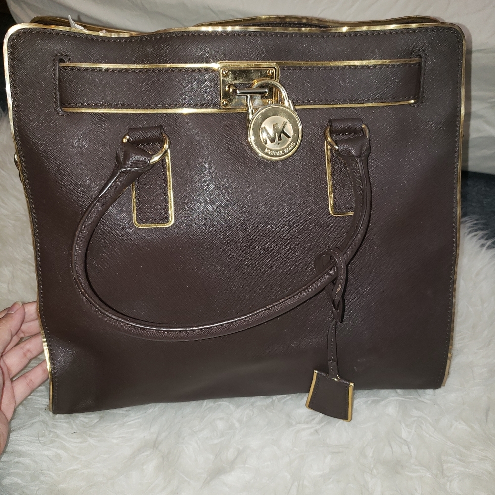 Michael Kors Hamilton Large Tote Bag Brown and Gold